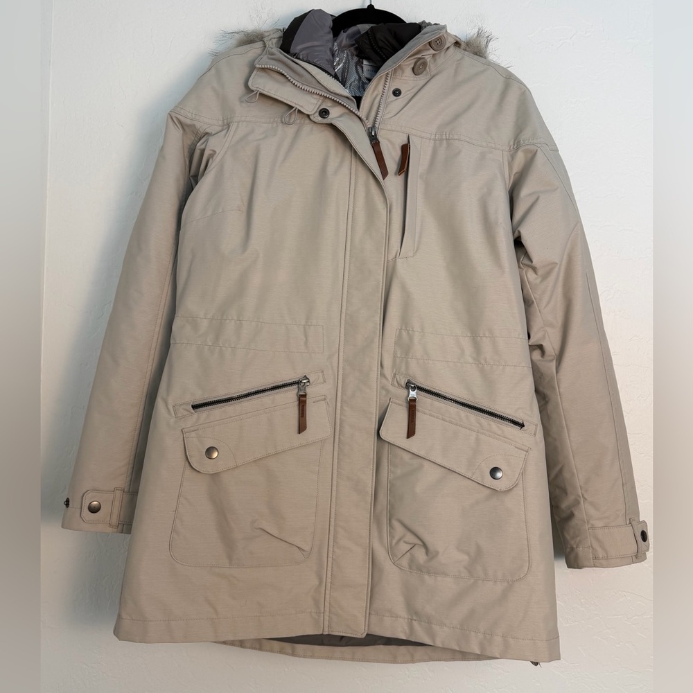 Columbia Sportswear Parka hoodie Jacket Women M Beige Omni Heat Outdoor Winter